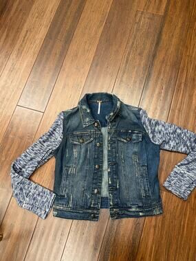 Free People Denim and Knit Distressed Jacket Small